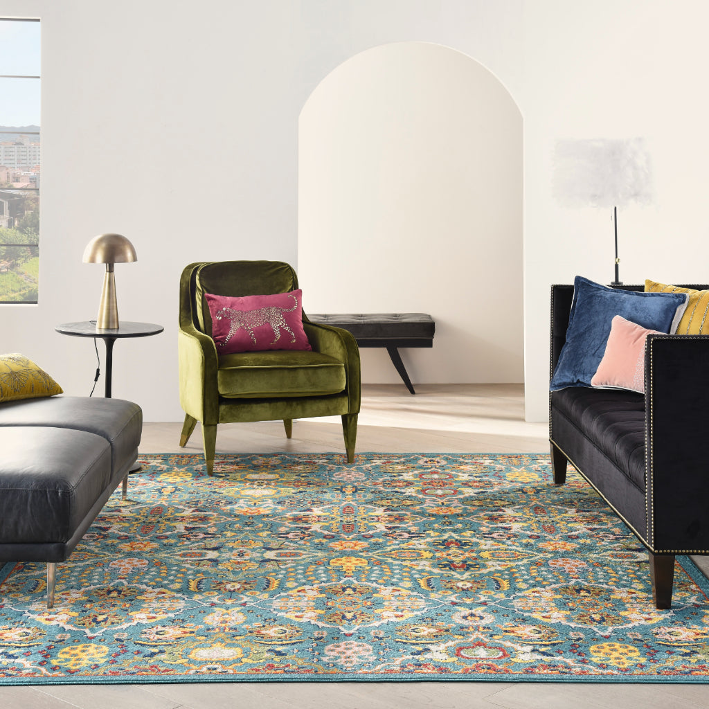 Nourison Home Allur ALR03 Power Loomed Multicolor Rectangle Area Rug - Indoor Low Pile Bohemian Style Rug in Blue Background-