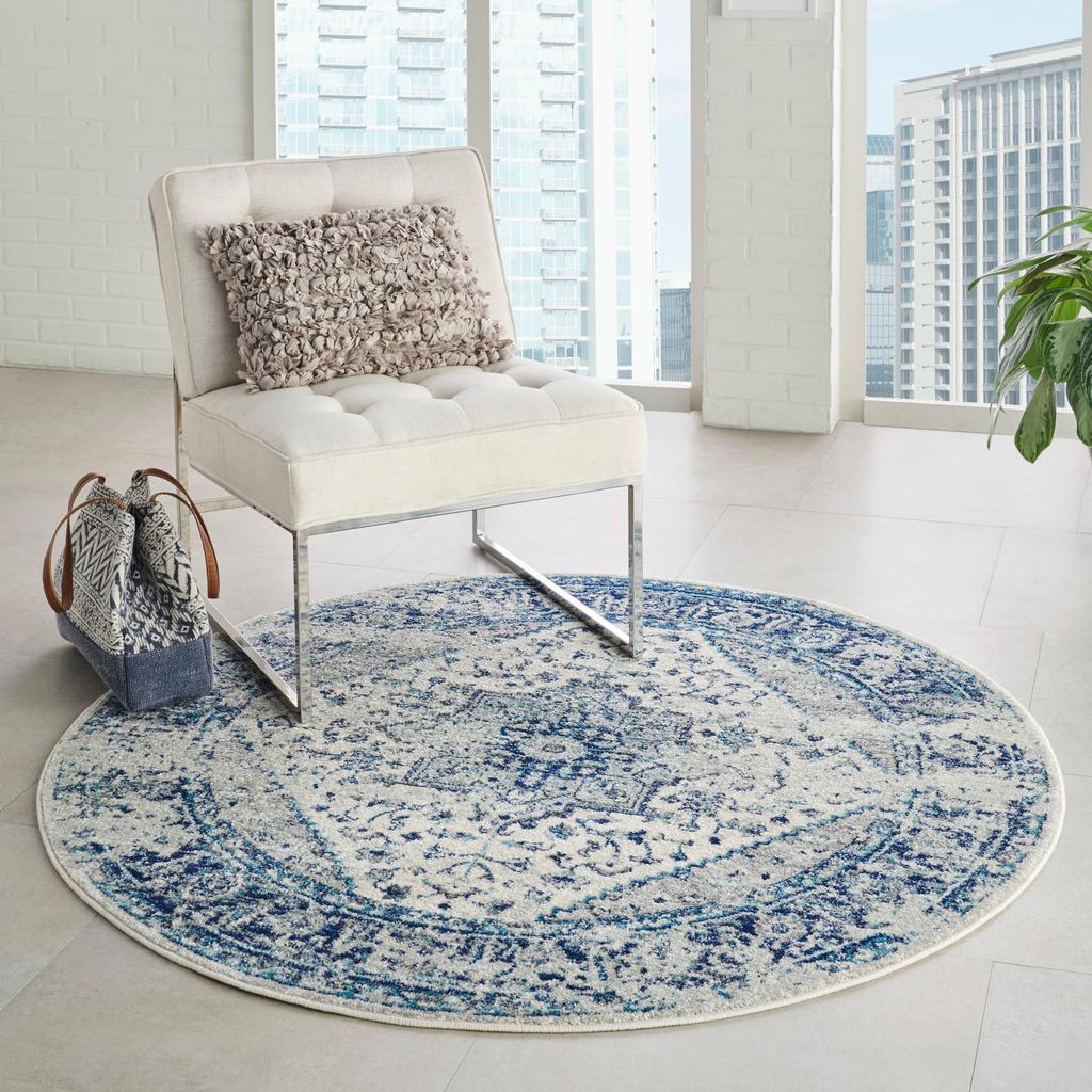 Nourison Home Tranquil TRA06 Navy Blue and White Ivory/Light Blue Indoor Round Area Rug - Vintage Power Loomed Machine Made Medium Pile