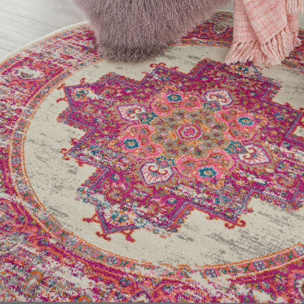 Nourison Home Passion PSN03 Pink and White Ivory/Fuchsia Indoor Round Area Rug - Bohemian Power Loomed Machine Made Medium Pile