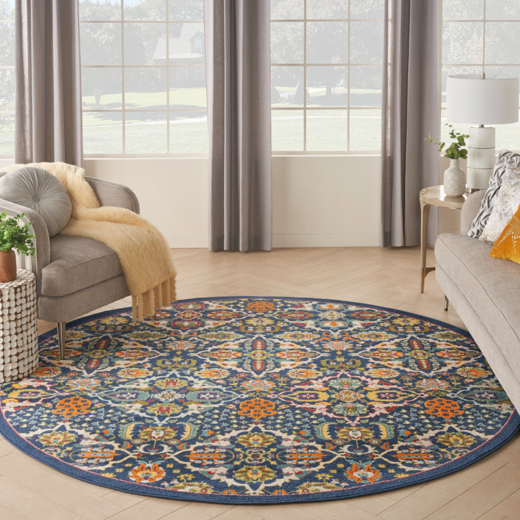 Nourison Home Allur ALR03 Power Loomed Multicolor Round Area Rug - Indoor Low Pile Bohemian Style Rug in Dark Blue Background-