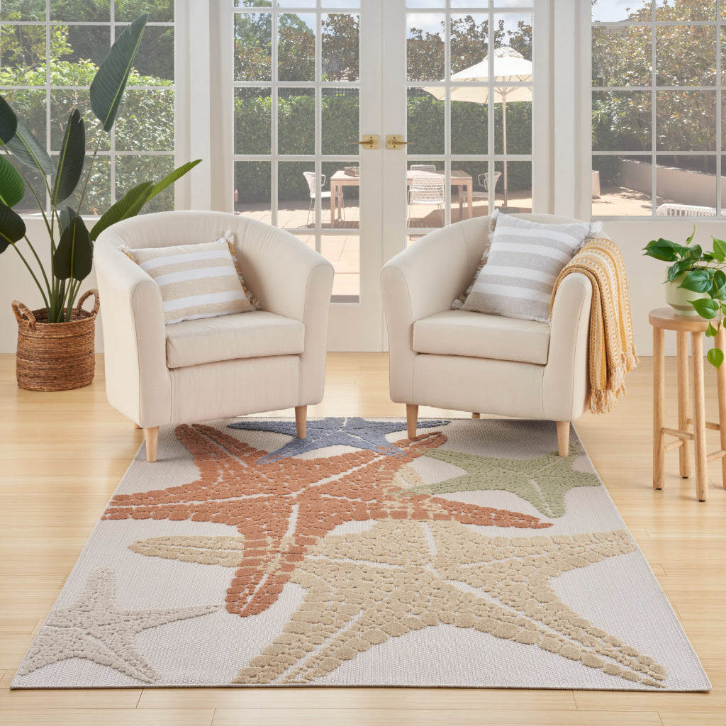 Nourison Home Aloha ALH28 Machine Made Multicolor Rectangle Area Rug - Stain Resistant Indoor/Outdoor Rug with Starfish Design in Ivory Background-