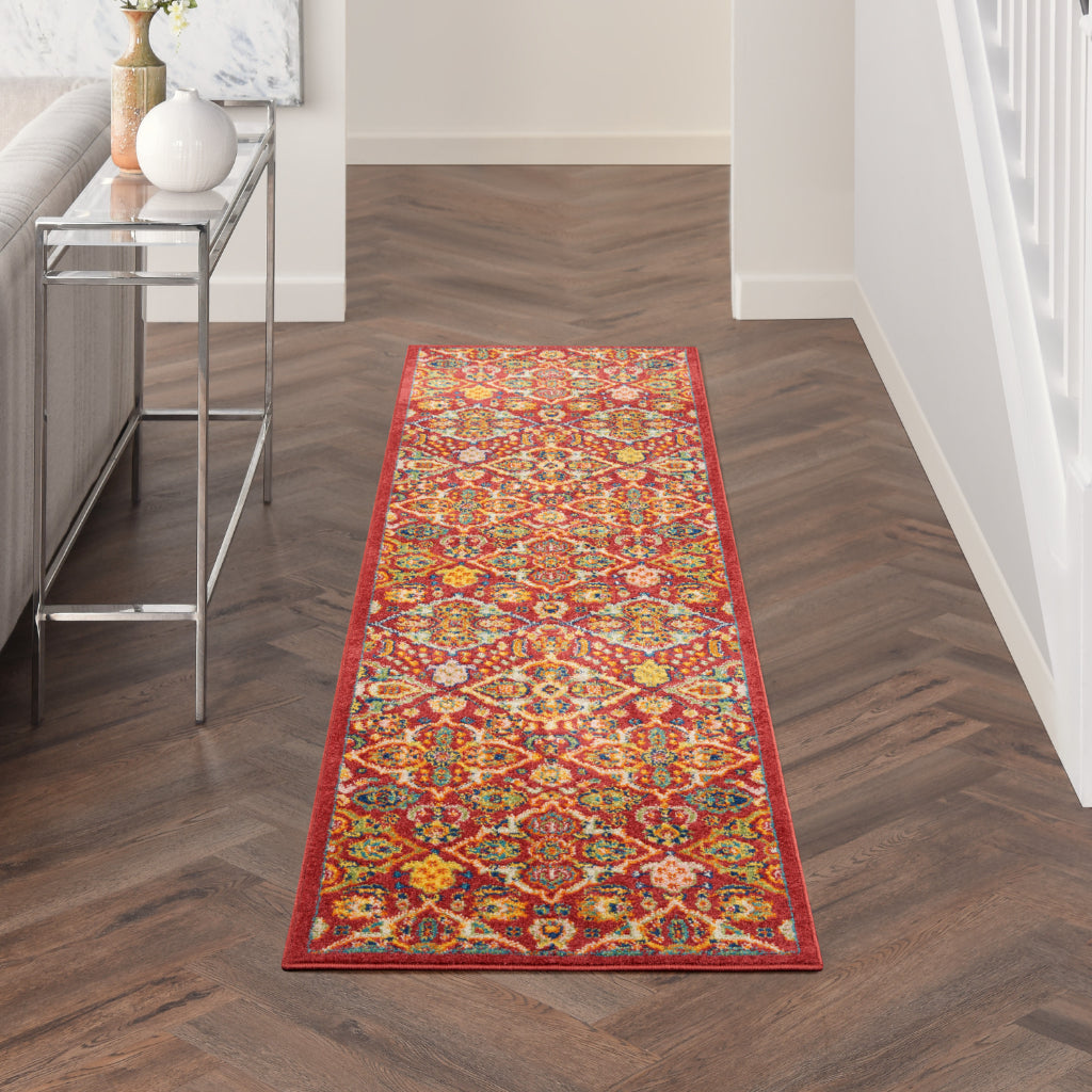 Nourison Home Allur ALR03 Power Loomed Multicolor Runner - Indoor Low Pile Bohemian Style Runner in Red Background-
