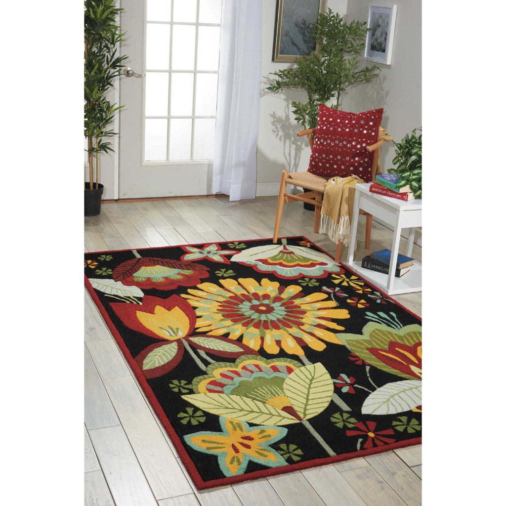 Nourison Home Fantasy FA12 Multicolor Indoor Rectangle Area Rug - Hand Hooked Low Pile Floral Rug with Black Background-
