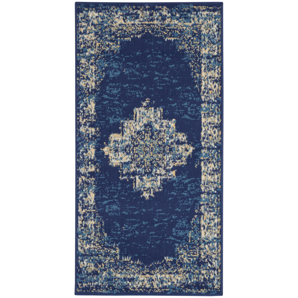 Nourison Home Grafix GRF14 Navy Blue Indoor Rectangle Area Rug - Vintage Style Power-Loomed Medium Pile Rug with Shades of Blue &amp; White