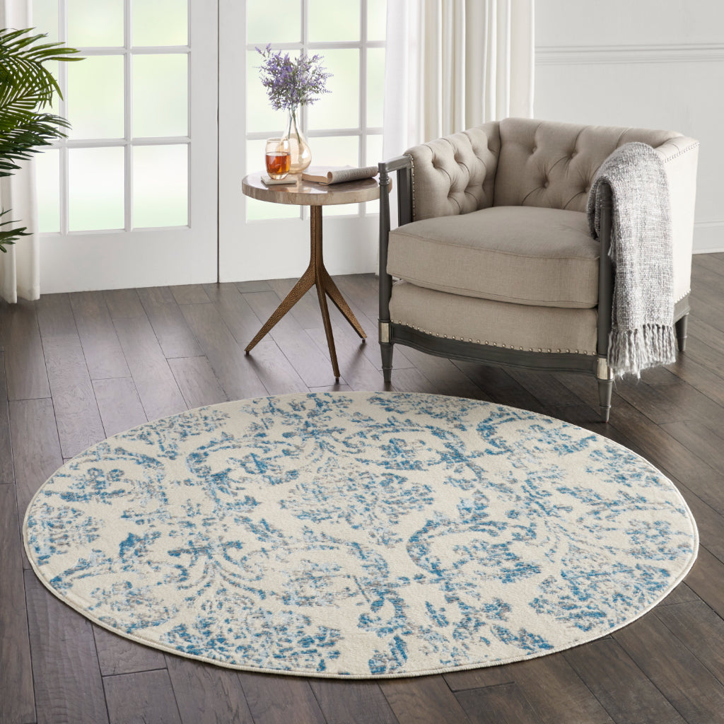 Nourison Home Jubilant JUB09 Ivory Blue Round Indoor Area Rug - Classic Damask Pattern Medium Pile Rug-