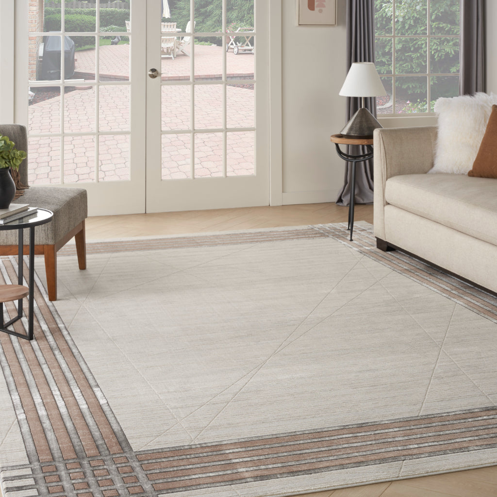 Nourison Home Desire DSR01 Beige Indoor Rectangle Area Rug - Power Loomed Plush Pile Rug with Brown &amp; Gray Border