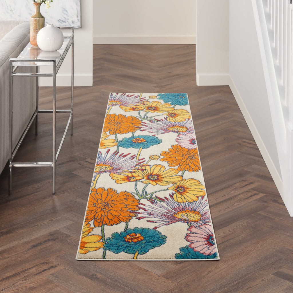 Nourison Home Allur ALR06 Multicolor Runner - Power Loomed Indoor Low Pile Floral Runner with White Background-