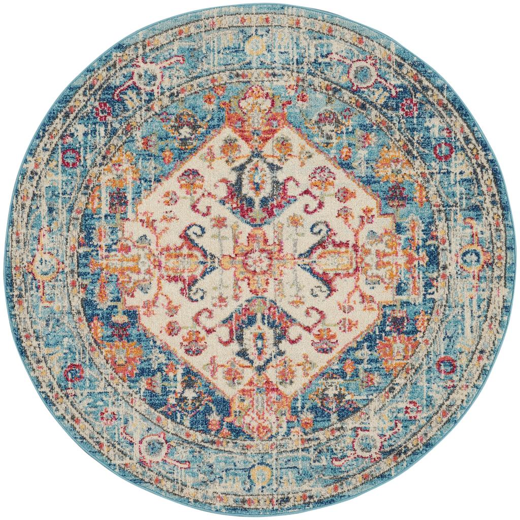 Nourison Home Passion PSN23 Ivory Light Blue Indoor Round Area Rug - Bohemian Power Loomed Machine Made Medium Pile