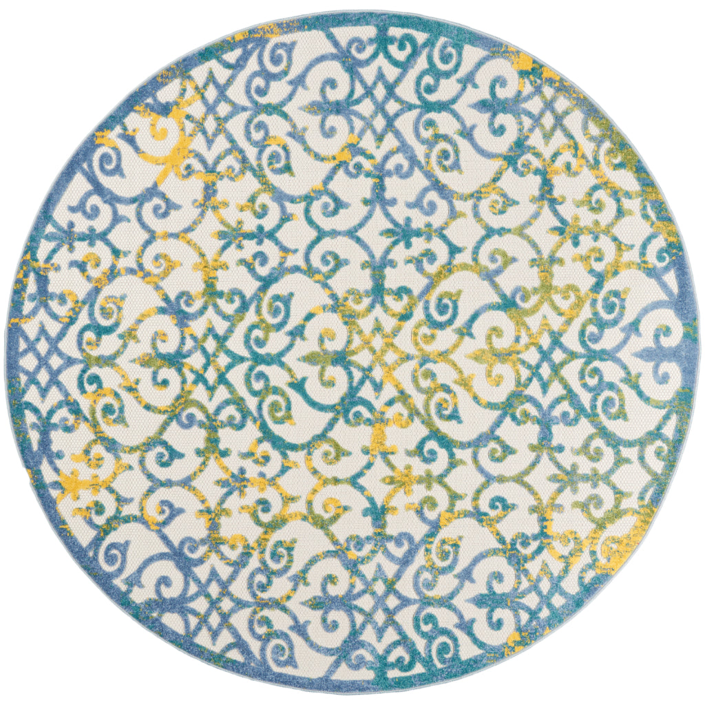 Nourison Home Aloha ALH21 Machine Made Blue Round Area Rug - Stain Resistant Indoor &amp; Outdoor Low Pile Rug with Yellow Accent