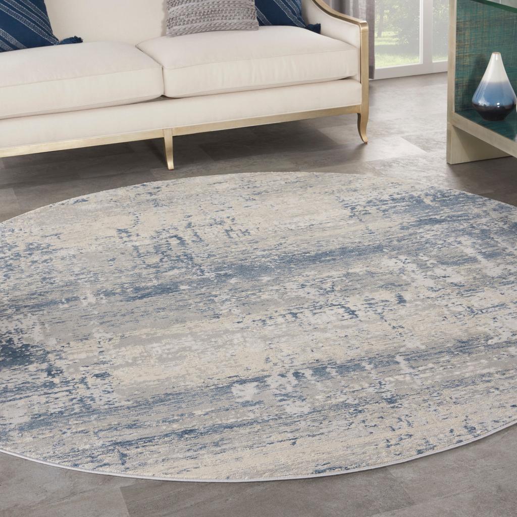 Nourison Home Rustic Textures RUS10 Ivory Blue Indoor Round Area Rug - Modern Power Loomed Machine Made Medium Pile