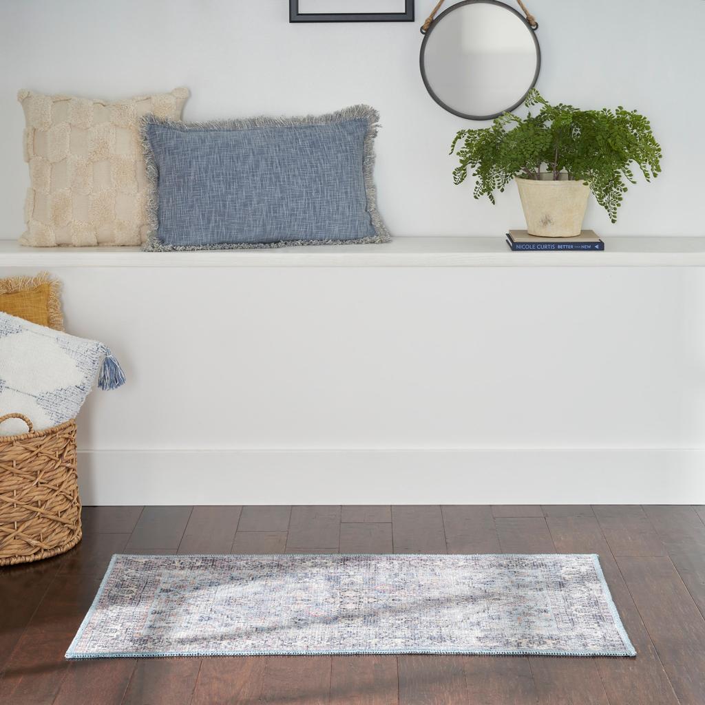 Nourison Home New Concept Washables SR104 Light Grey Blue Indoor Rectangle Area Rug - Vintage Machine Woven Machine Made Low Pile