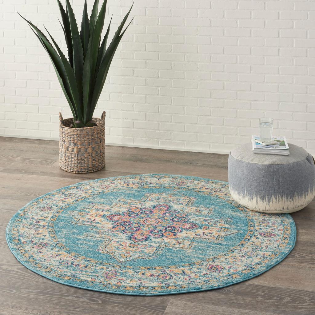 Nourison Home Passion PSN03 Light Blue Indoor Round Area Rug - Bohemian Power Loomed Machine Made Medium Pile