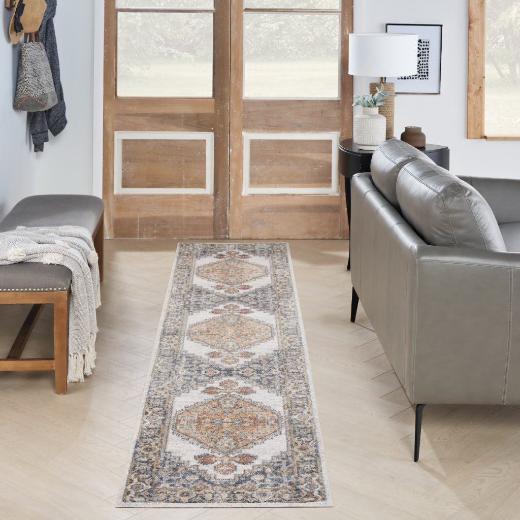 Nourison Home Astra ASW11 Multicolor Machine Washable Indoor Runner - Power Loomed Persian Runner with Faded Gray-Yellow Medallion Pattern-