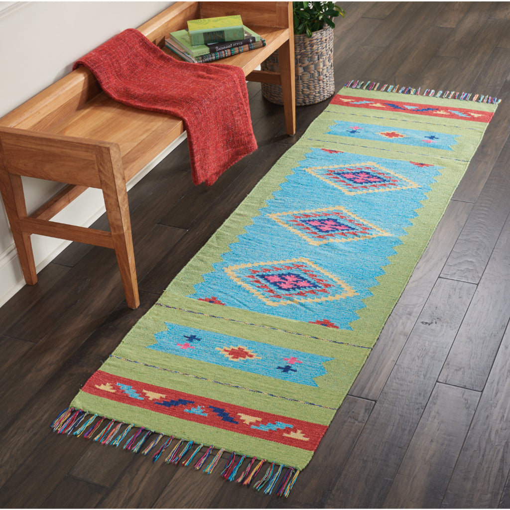 Nourison Home Baja BAJ02 Handmade Multicolor Runner - Reversible Indoor Southwestern Runner with Blue &amp; Green Background