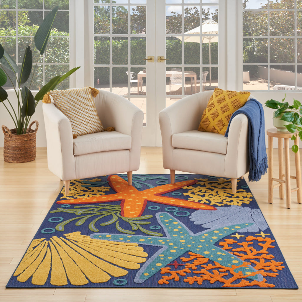 Nourison Home Aloha ALH24 Machine Made Multicolor Rectangle Area Rug - Stain Resistant Indoor &amp; Outdoor Low Pile Rug with Blue Background