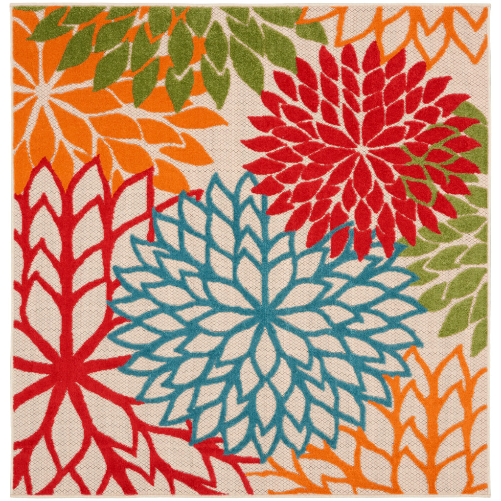 Nourison Home Aloha ALH05 Machine Made Multicolor Square Area Rug - Stain Resistant Indoor &amp; Outdoor Low Pile Rug with Green Floral Design