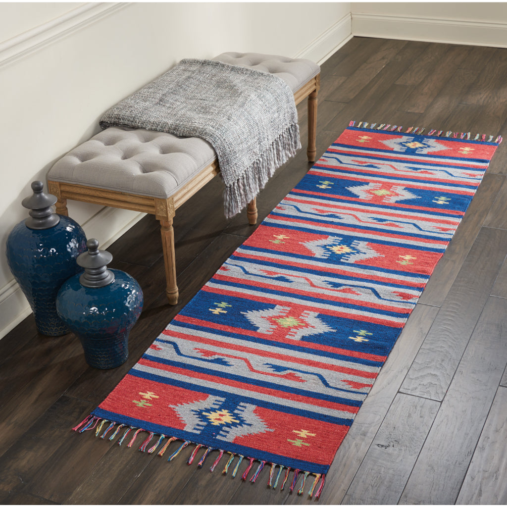 Nourison Home Baja BAJ03 Handmade Multicolor Runner - Reversible Indoor Runner with Blue & Red Stripes-