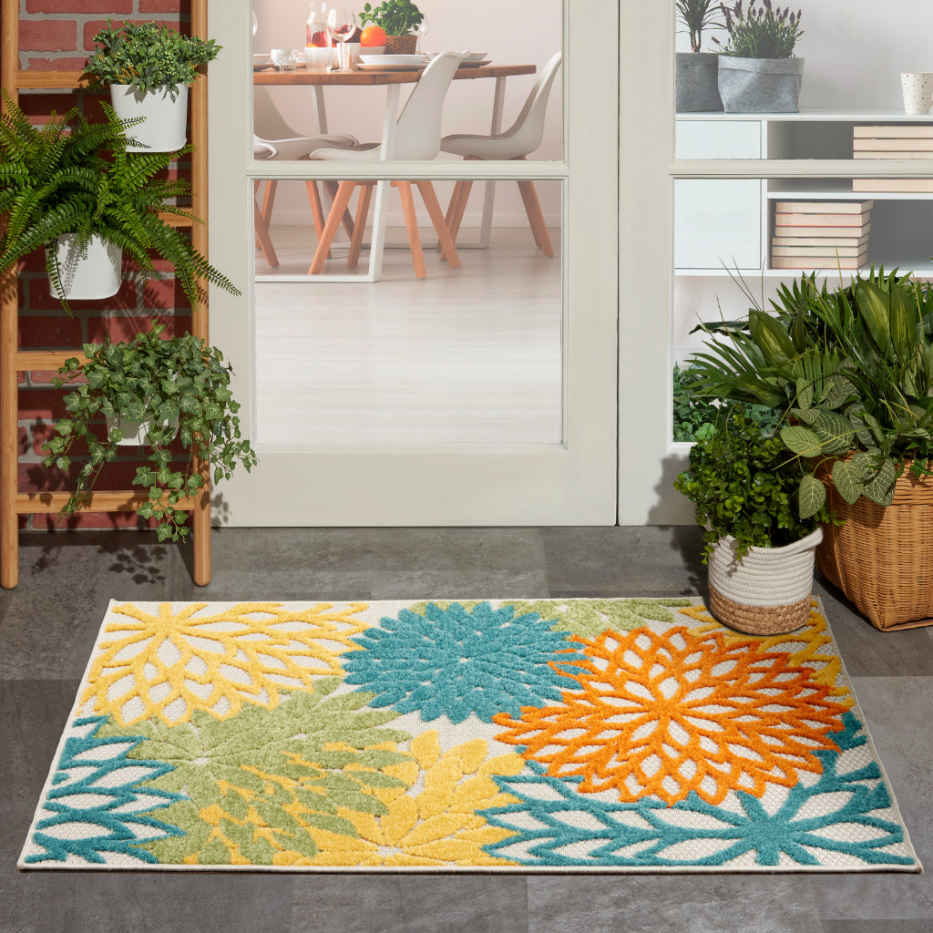 Nourison Home Aloha ALH05 Machine Made Multicolor Rectangle Area Rug - Stain Resistant Indoor &amp; Outdoor Low Pile Rug with Turquoise Floral Design