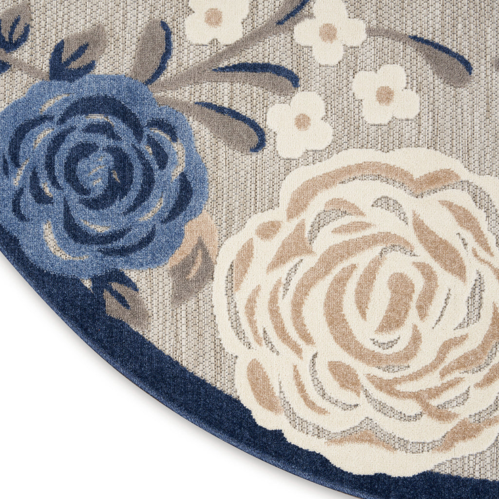 Nourison Home Aloha ALH32 Machine Made Multicolor Round Area Rug - Stain Resistant Indoor &amp; Outdoor Low Pile Rug with Blue-Gray Floral Design