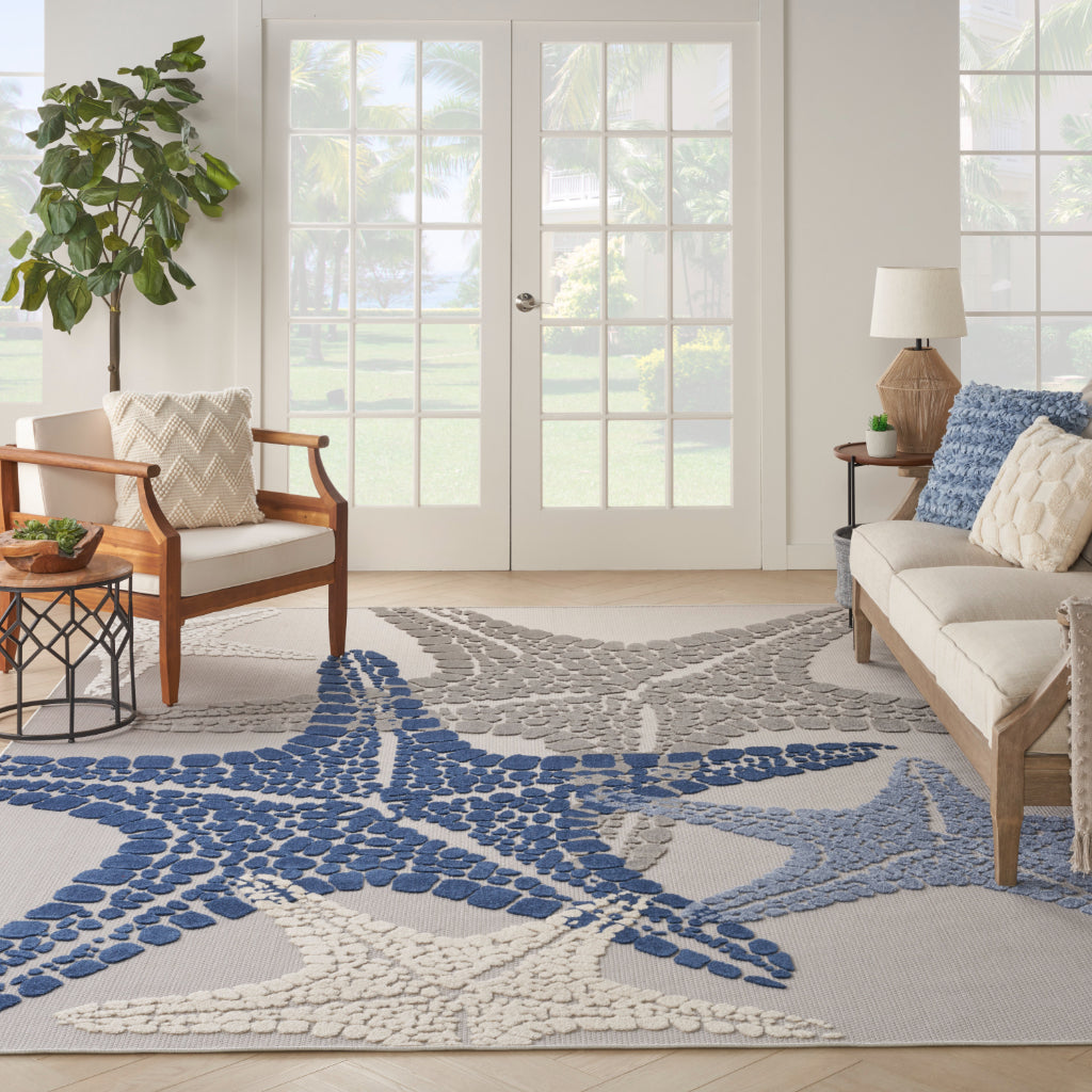 Nourison Home Aloha ALH28 Machine Made Multicolor Rectangle Area Rug - Stain Resistant Indoor/Outdoor Rug with Starfish Design in Gray Background
