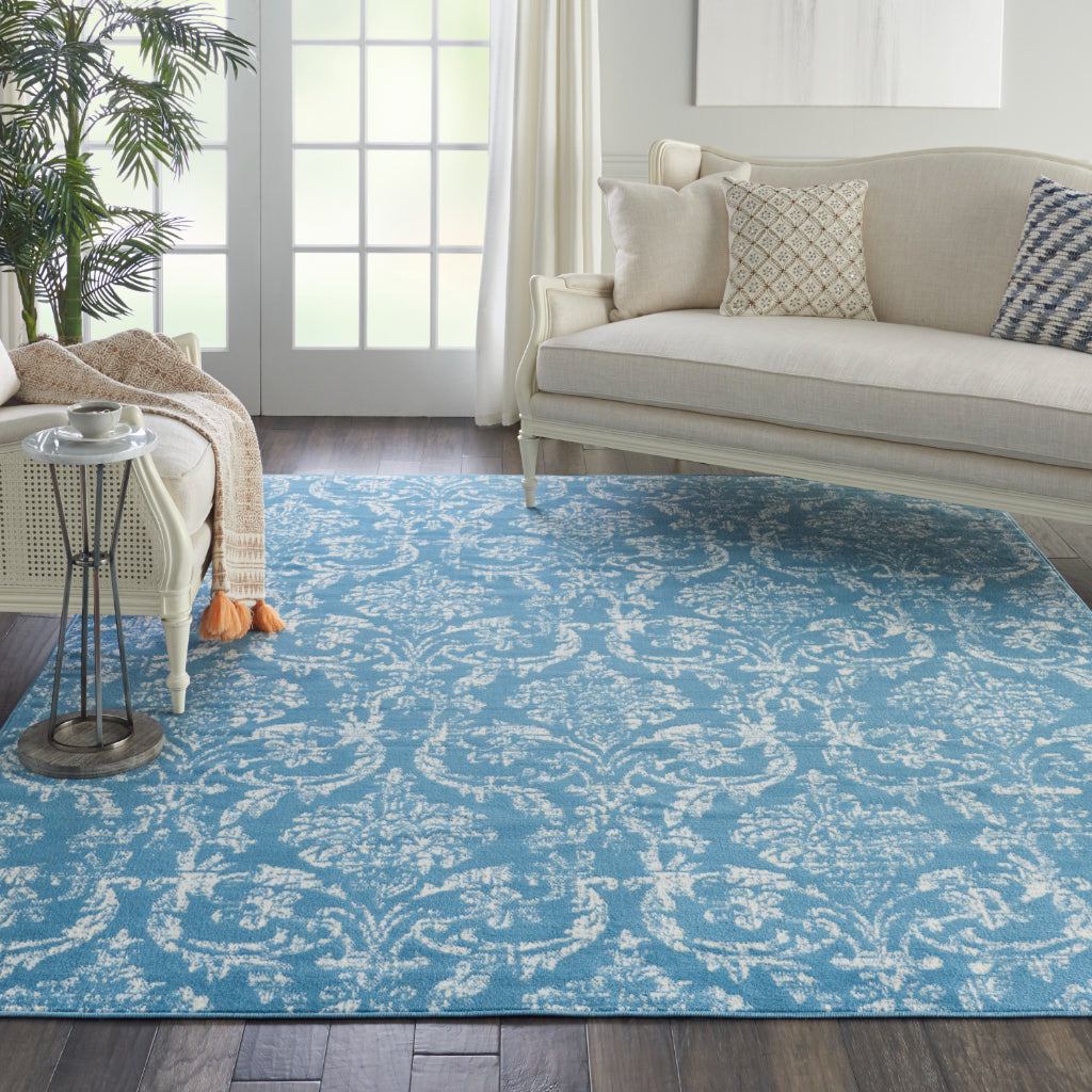 Nourison Home Jubilant JUB09 Blue Rectangle Indoor Area Rug - Classic Damask Pattern Medium Pile Rug-