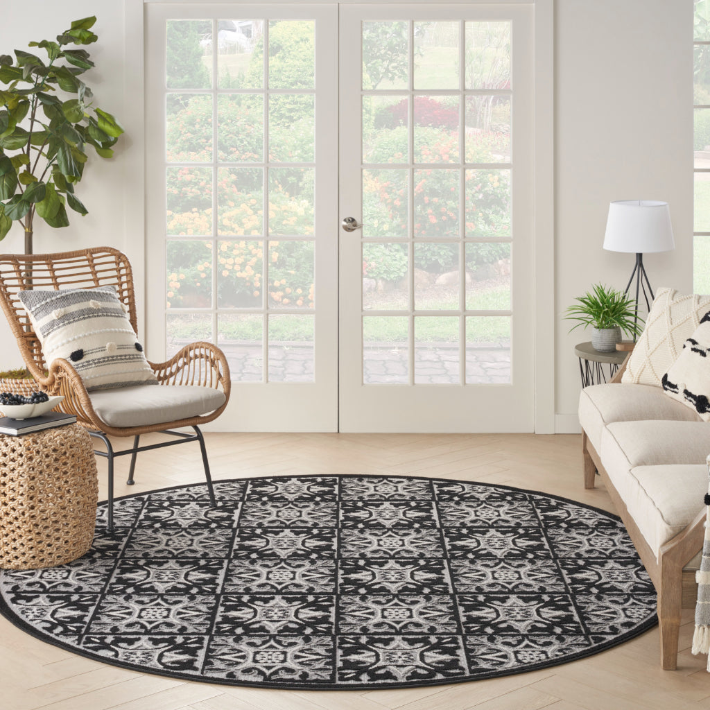 Nourison Home Aloha ALH34 Machine Made Two-Color Round Area Rug - Stain Resistant Low Pile Rug with Black Ornate Geometric Pattern-