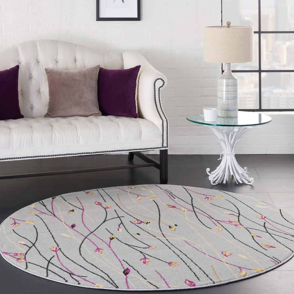 Nourison Home Grafix GRF15 Gray Indoor Round Area Rug - Power Loomed Medium Pile Rug with Floral Design-