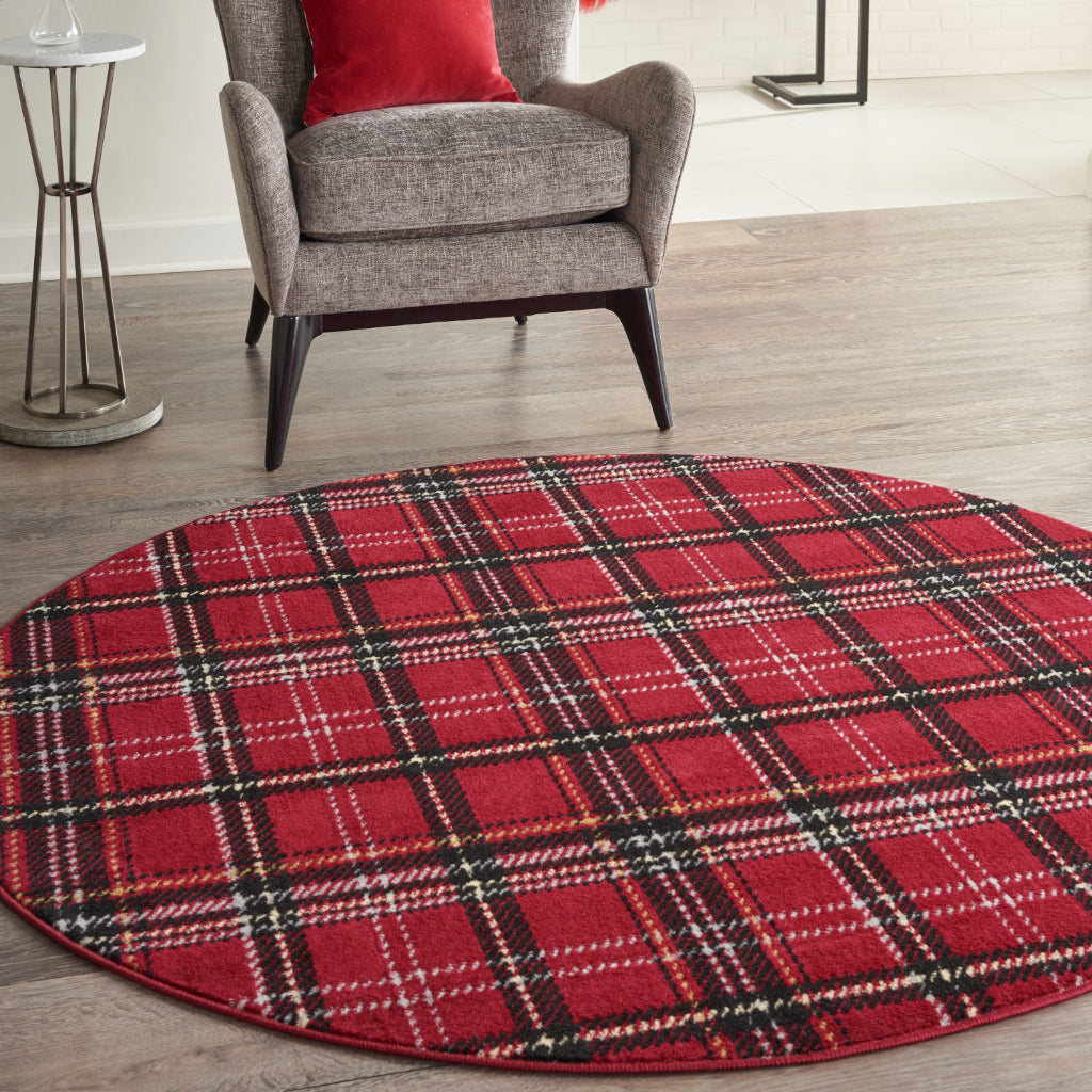 Nourison Home Grafix GRF03 Red Round Indoor Area Rug - Power Loomed Medium Pile Plaid Rug