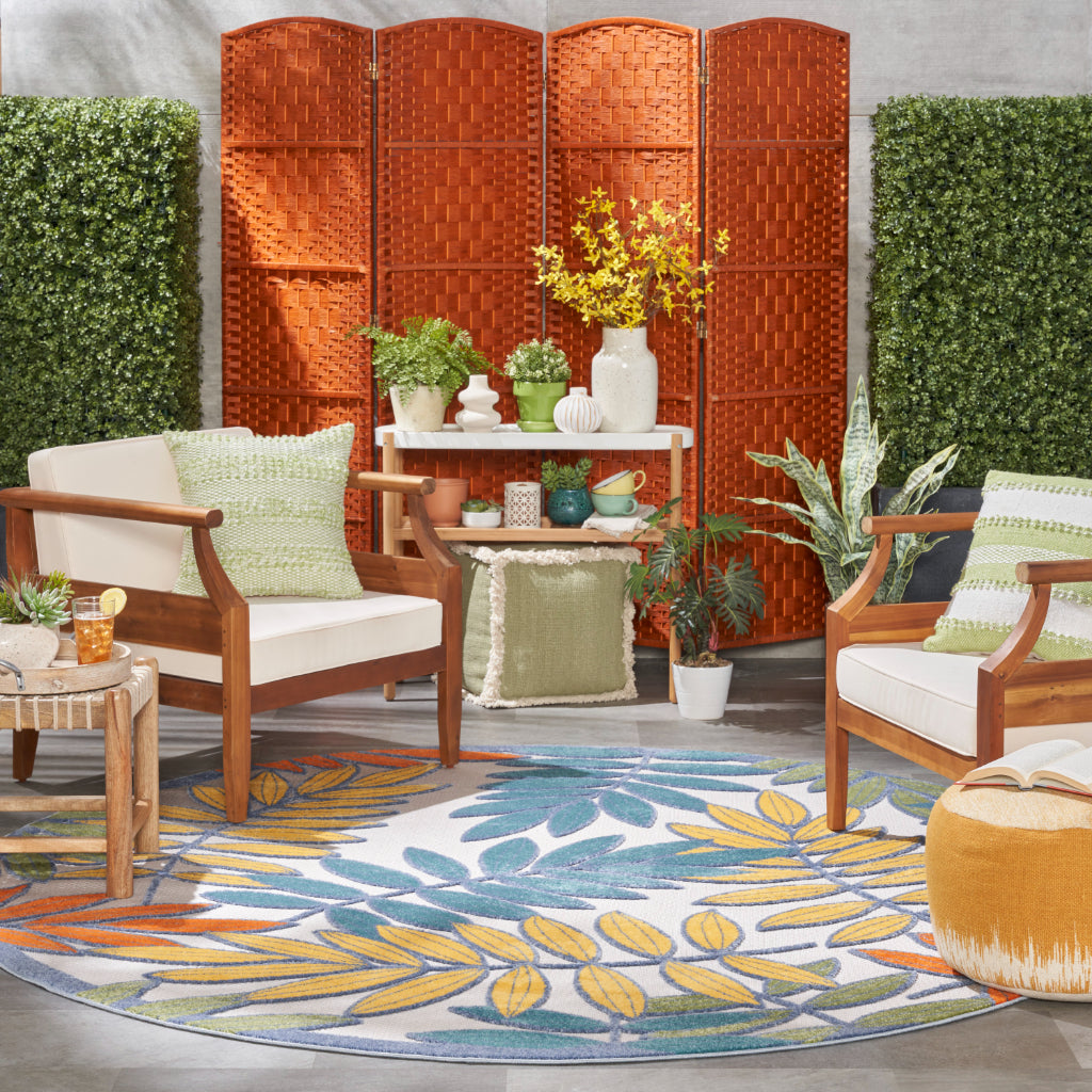 Nourison Home Aloha ALH18 Machine Made Multicolor Round Area Rug - Stain Resistant Indoor & Outdoor Low Pile Floral Rug with Gray Background-