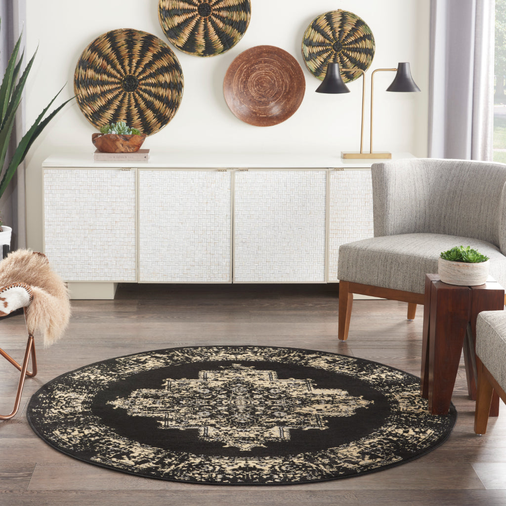Nourison Home Grafix GRF14 Black Indoor Round Area Rug - Vintage Style Power-Loomed Medium Pile Rug with Shades of Black & Cream-