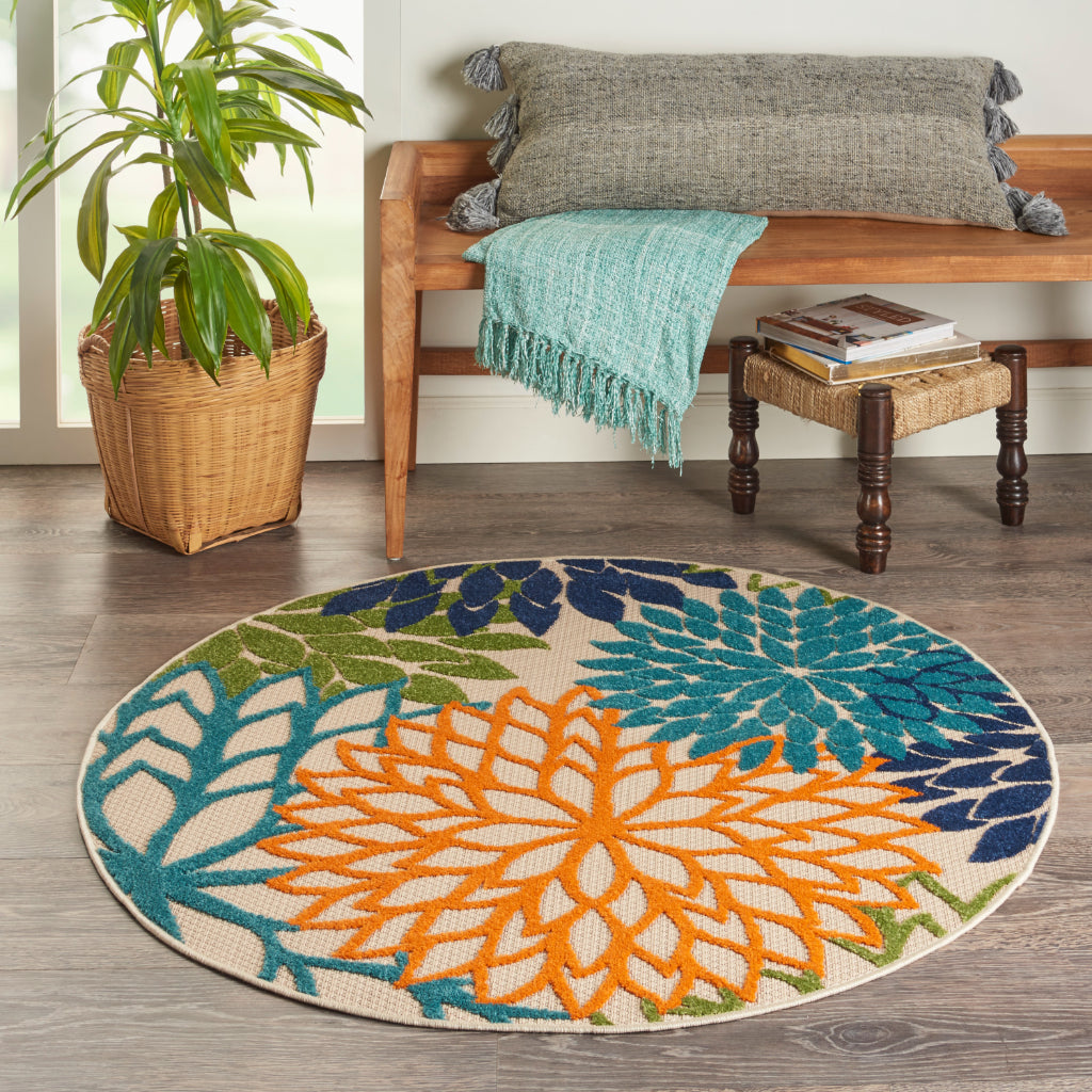 Nourison Home Aloha ALH05 Machine Made Multicolor Round Area Rug - Stain Resistant Indoor & Outdoor Low Pile Rug with Beige Floral Design-
