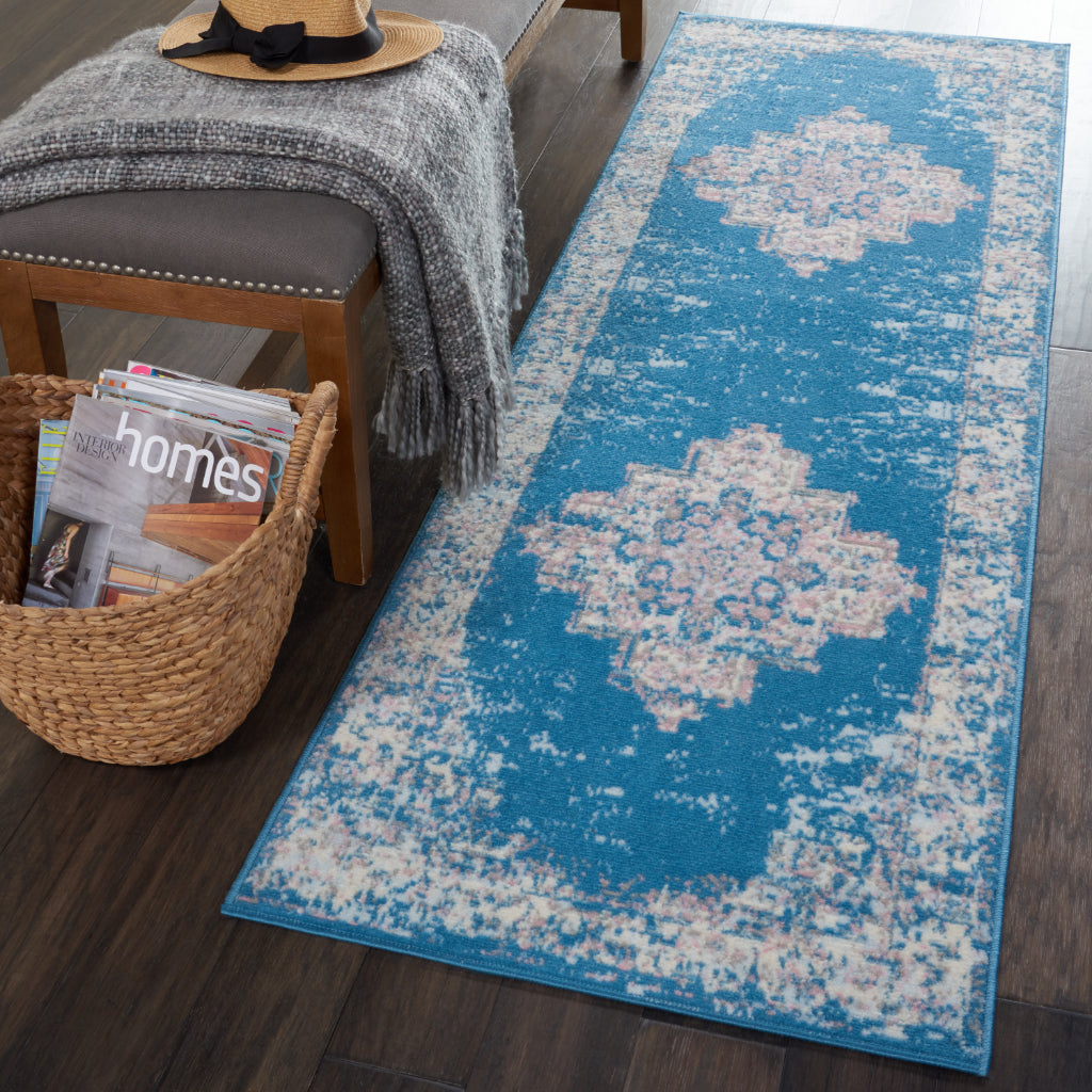 Nourison Home Grafix GRF14 Blue Indoor Runner - Vintage Style Power-Loomed Medium Pile Runner with Shades of Blue &amp; Ivory