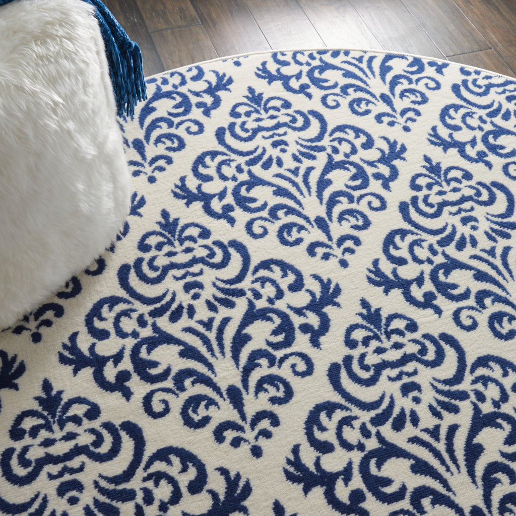 Nourison Home Grafix GRF06 Blue Round Indoor Area Rug - Power Loomed Medium Pile Rug with Damask Pattern