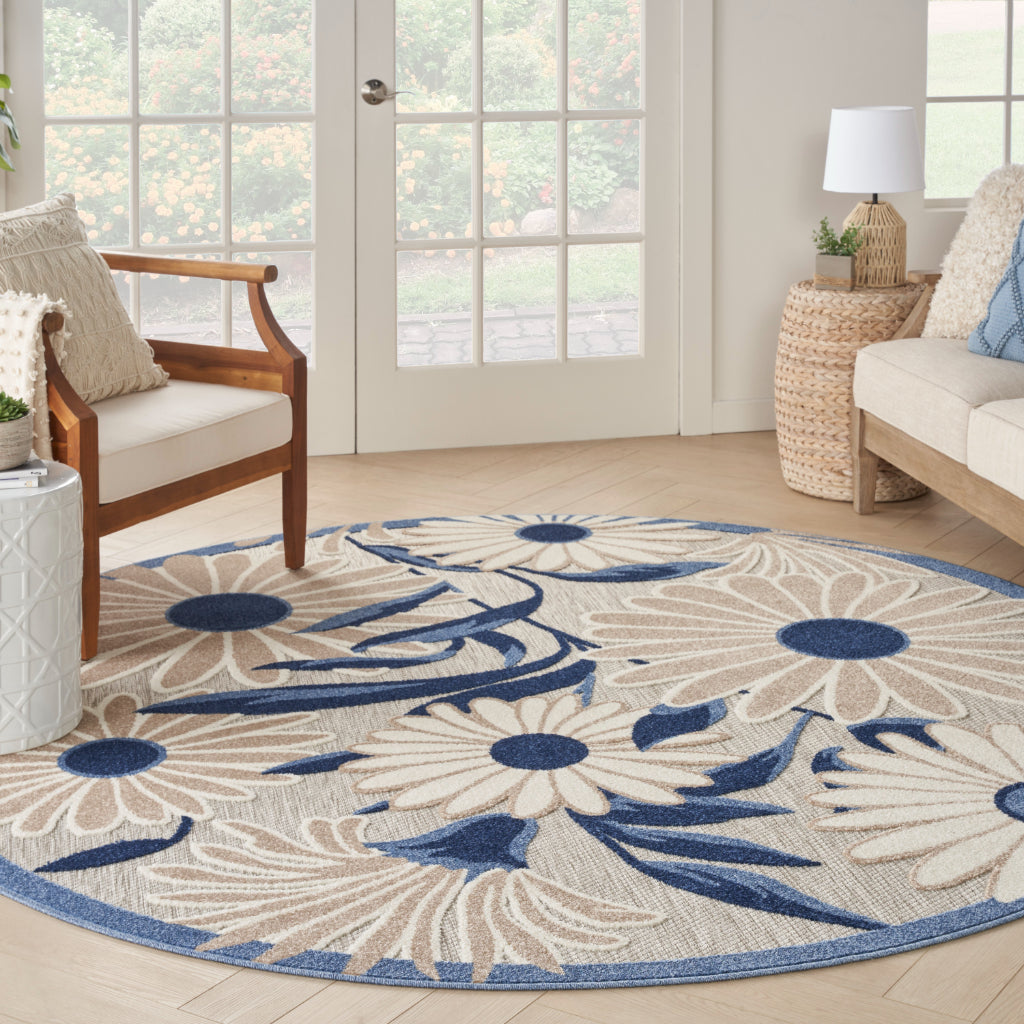 Nourison Home Aloha ALH33 Machine Made Multicolor Round Area Rug - Stain Resistant Indoor &amp; Outdoor Low Pile Rug with Blue-Gray Floral Design