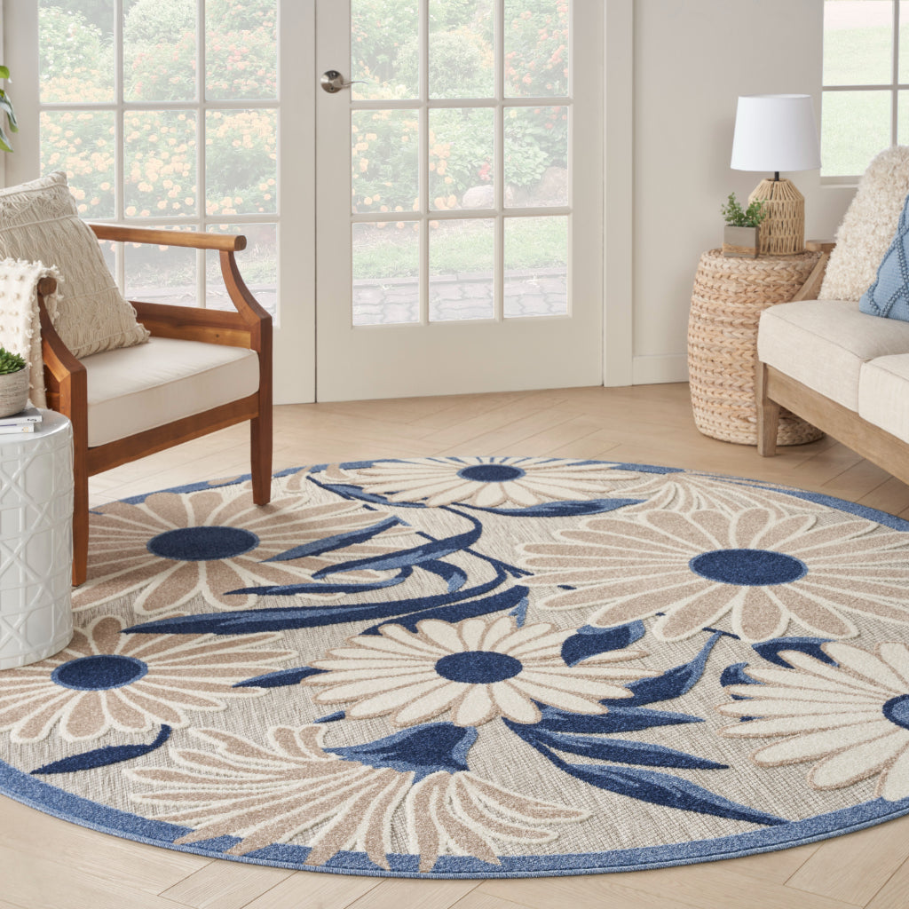 Nourison Home Aloha ALH33 Machine Made Multicolor Round Area Rug - Stain Resistant Indoor & Outdoor Low Pile Rug with Blue-Gray Floral Design-