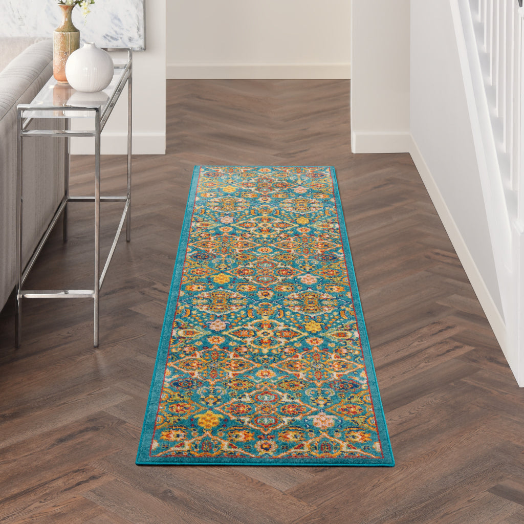 Nourison Home Allur ALR03 Power Loomed Multicolor Runner - Indoor Low Pile Bohemian Style Runner in Blue Background-