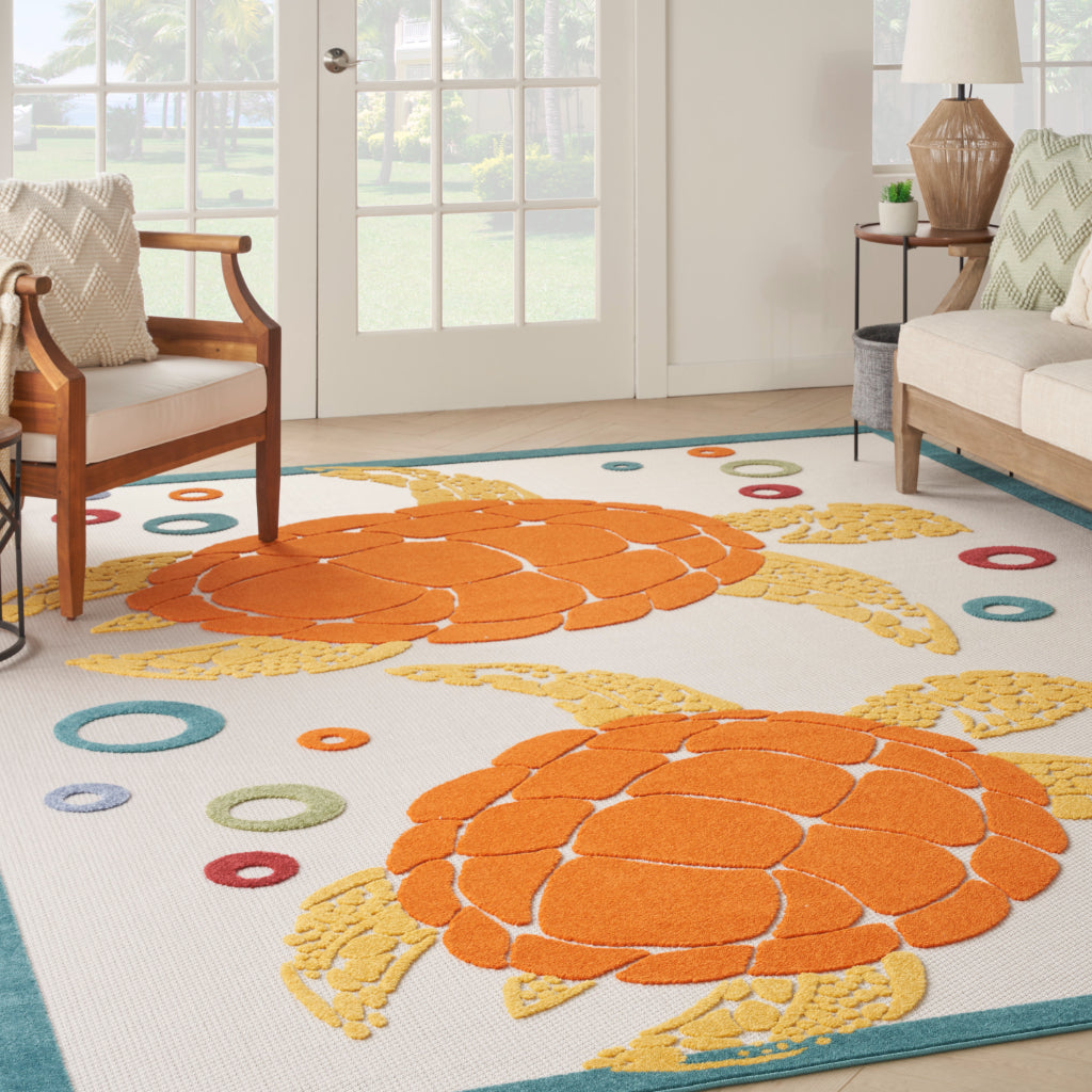 Nourison Home Aloha ALH27 Multicolor Rectangle Area Rug - Stain Resistant Indoor / Outdoor Rug with Orange Sea Turtles Design