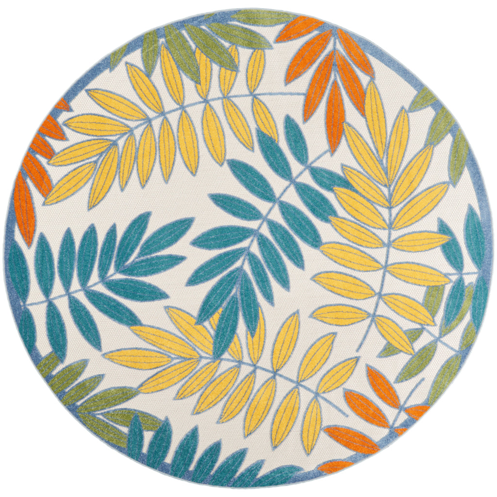 Nourison Home Aloha ALH18 Machine Made Multicolor Round Area Rug - Stain Resistant Indoor & Outdoor Low Pile Floral Rug with Gray Background-