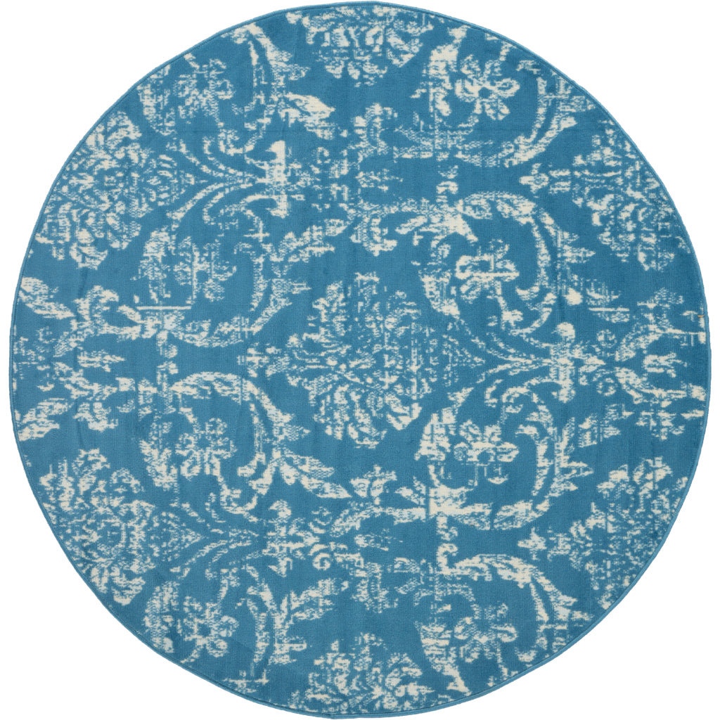 Nourison Home Jubilant JUB09 Blue Round Indoor Area Rug - Classic Damask Pattern Medium Pile Rug-