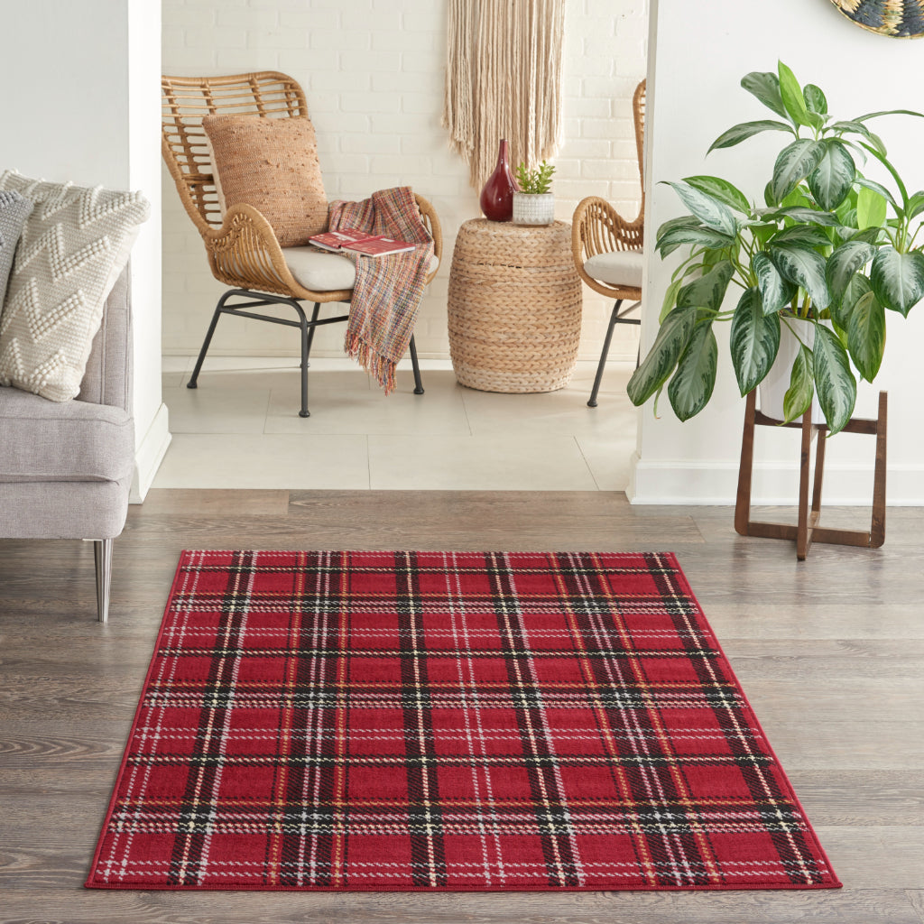 Nourison Home Grafix GRF03 Red Indoor Rectangle Area Rug - Power Loomed Medium Pile Plaid Rug-