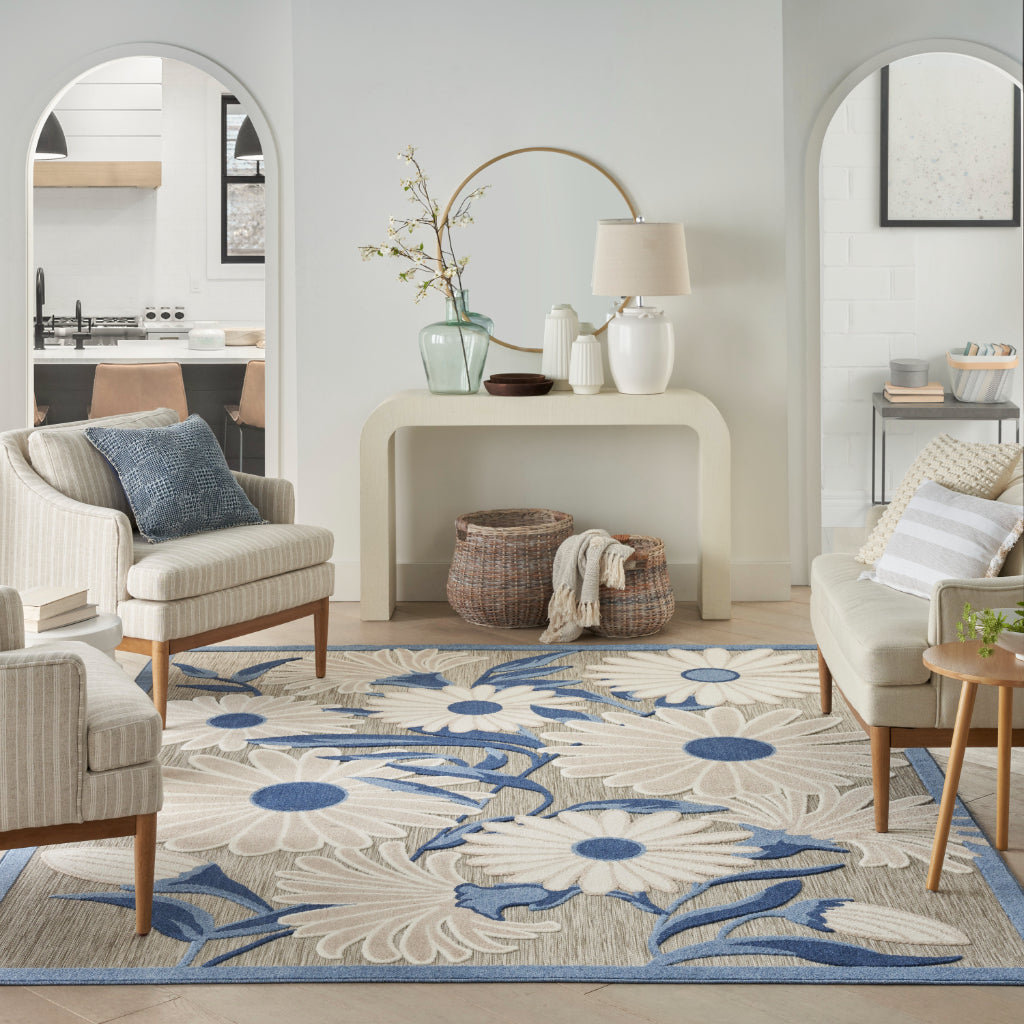 Nourison Home Aloha ALH33 Machine Made Multicolor Rectangle Area Rug - Stain Resistant Indoor & Outdoor Low Pile Rug with Blue-Gray Floral Design-