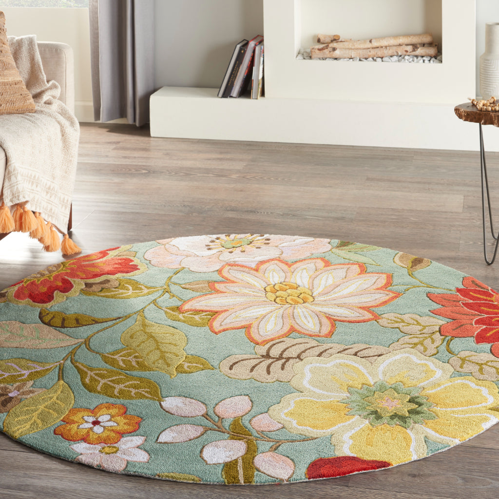 Nourison Home Fantasy FA18 Multicolor Indoor Round Area Rug - Hand Hooked Medium Pile Floral Rug with Blue Background