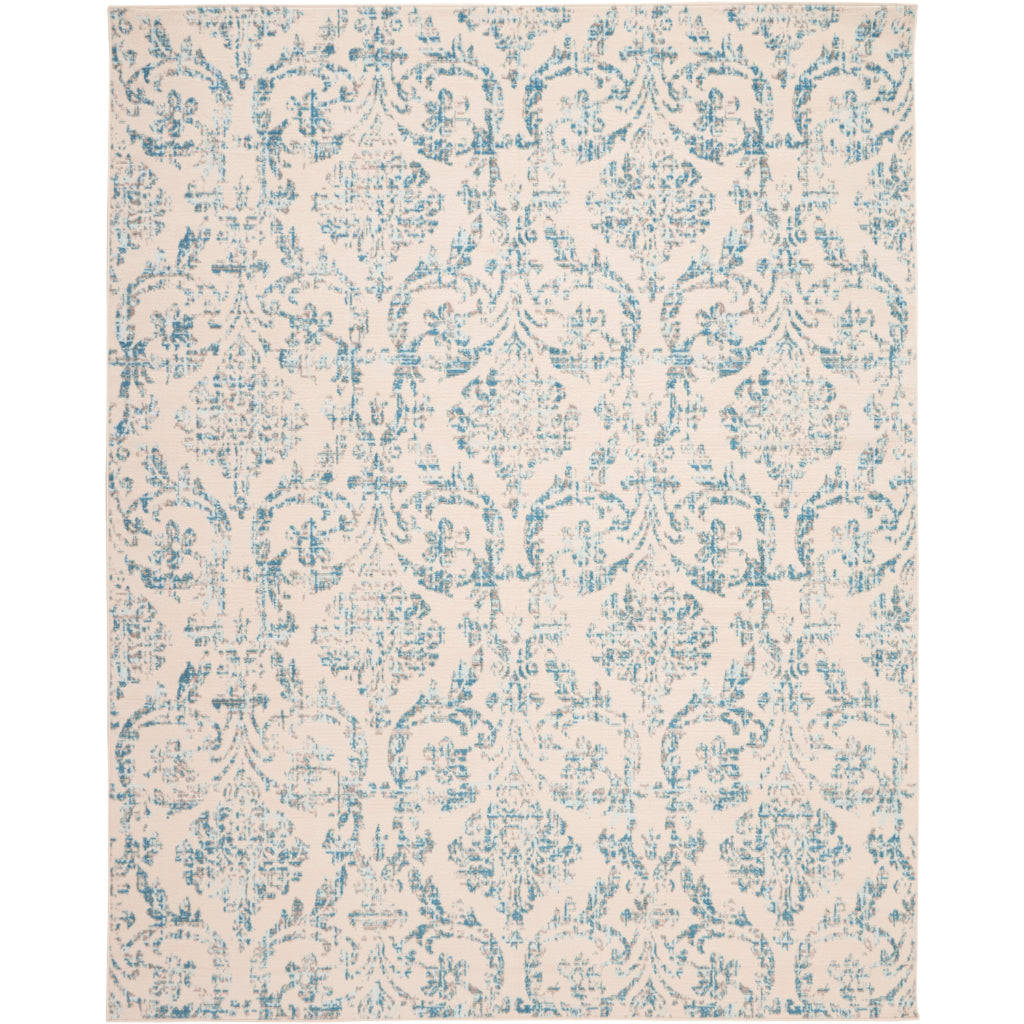 Nourison Home Jubilant JUB09 Ivory Blue Rectangle Indoor Area Rug - Classic Damask Pattern Medium Pile Rug-
