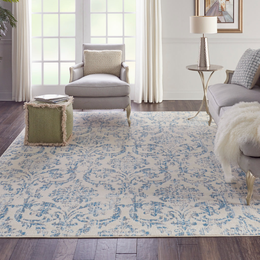 Nourison Home Jubilant JUB09 Ivory Blue Rectangle Indoor Area Rug - Classic Damask Pattern Medium Pile Rug-