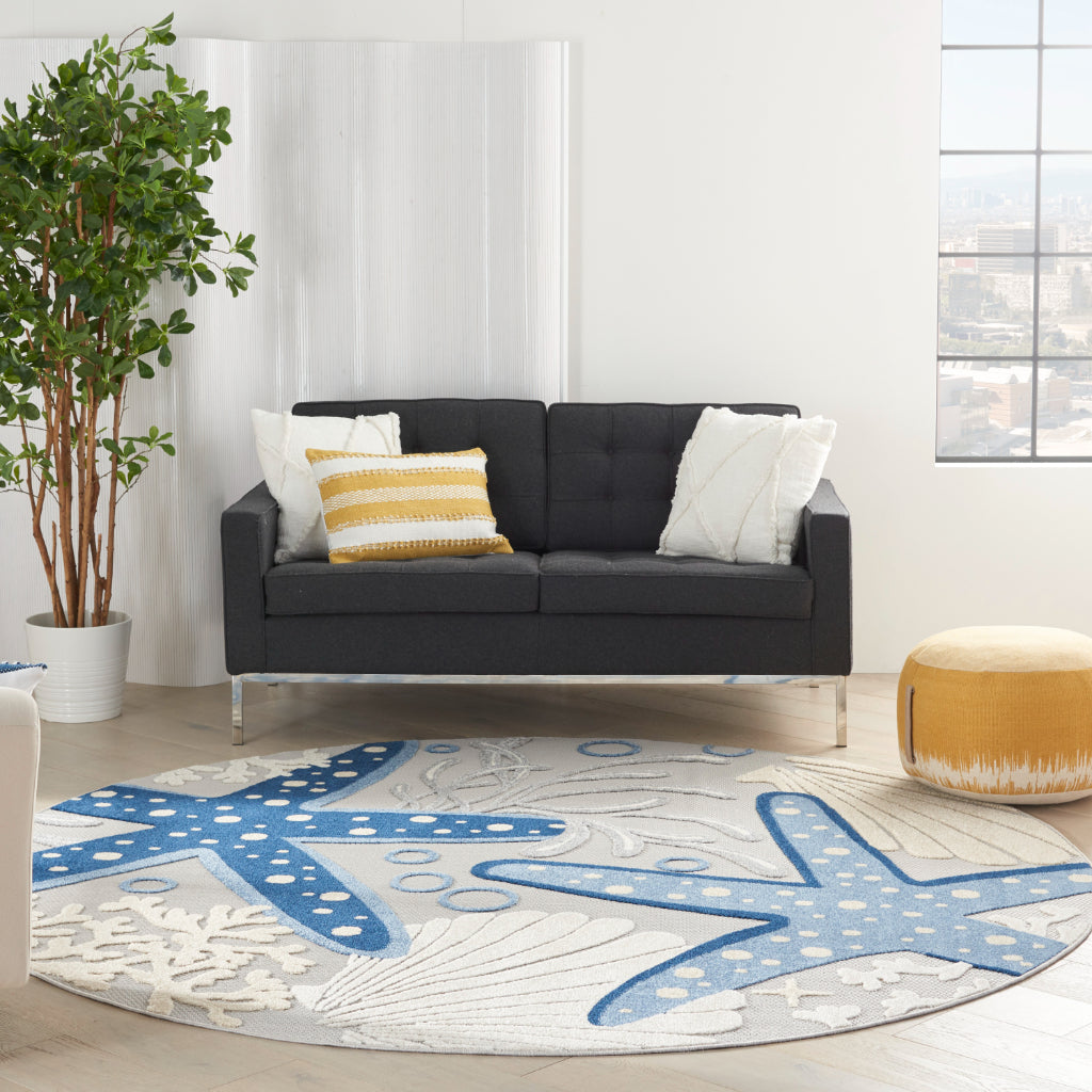 Nourison Home Aloha ALH24 Machine Made Multicolor Round Area Rug - Stain Resistant Indoor & Outdoor Low Pile Rug with Gray Background-