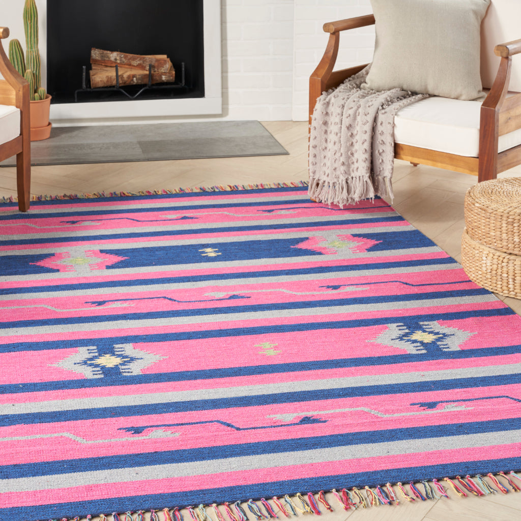 Nourison Home Baja BAJ01 Handmade Multicolor Rectangle Area Rug - Reversible Indoor Rug with Pink &amp; Blue Stripes