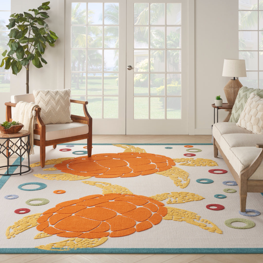 Nourison Home Aloha ALH27 Multicolor Rectangle Area Rug - Stain Resistant Indoor / Outdoor Rug with Orange Sea Turtles Design