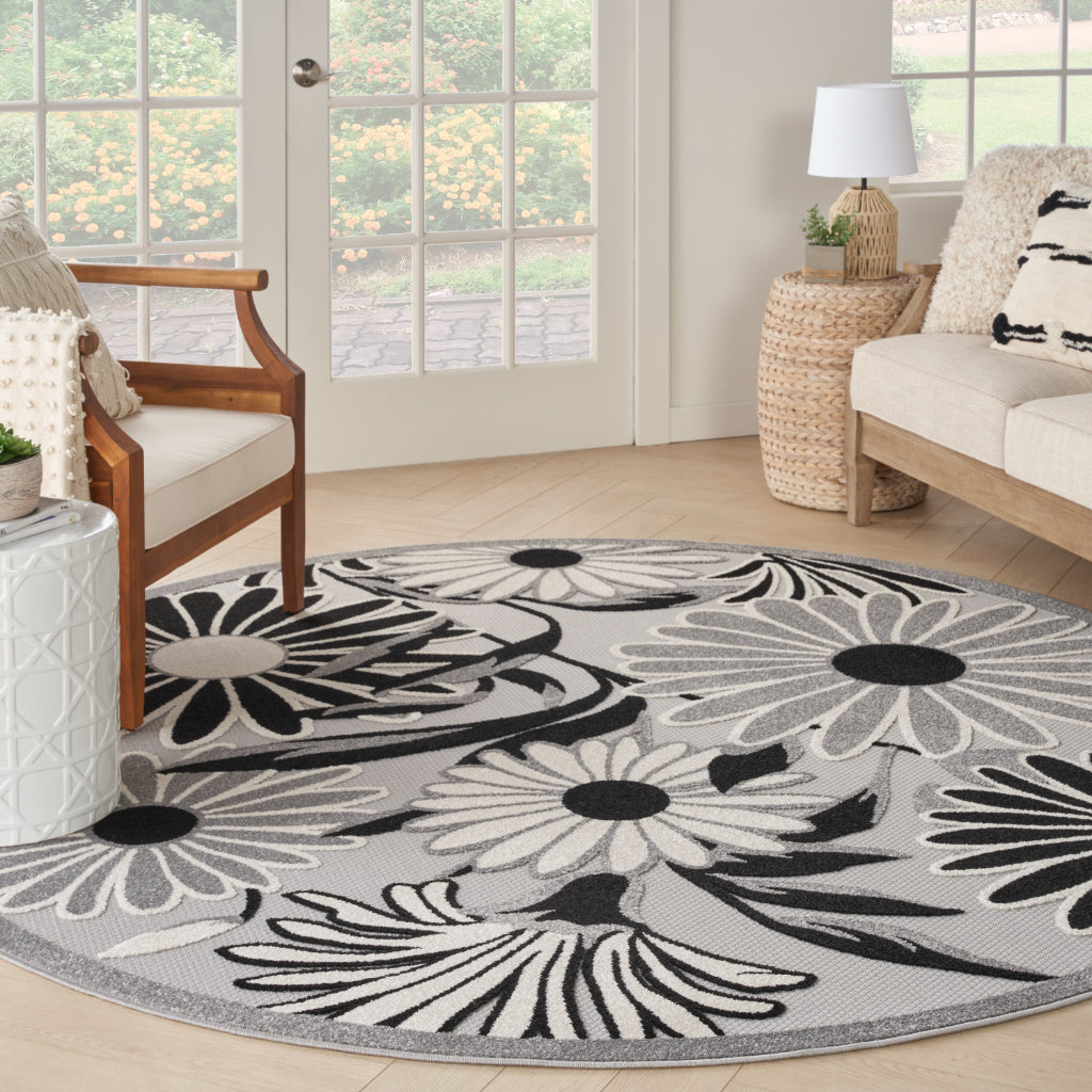 Nourison Home Aloha ALH33 Machine Made Two-Color Round Area Rug - Stain Resistant Indoor &amp; Outdoor Low Pile Rug with Black-White Floral Design