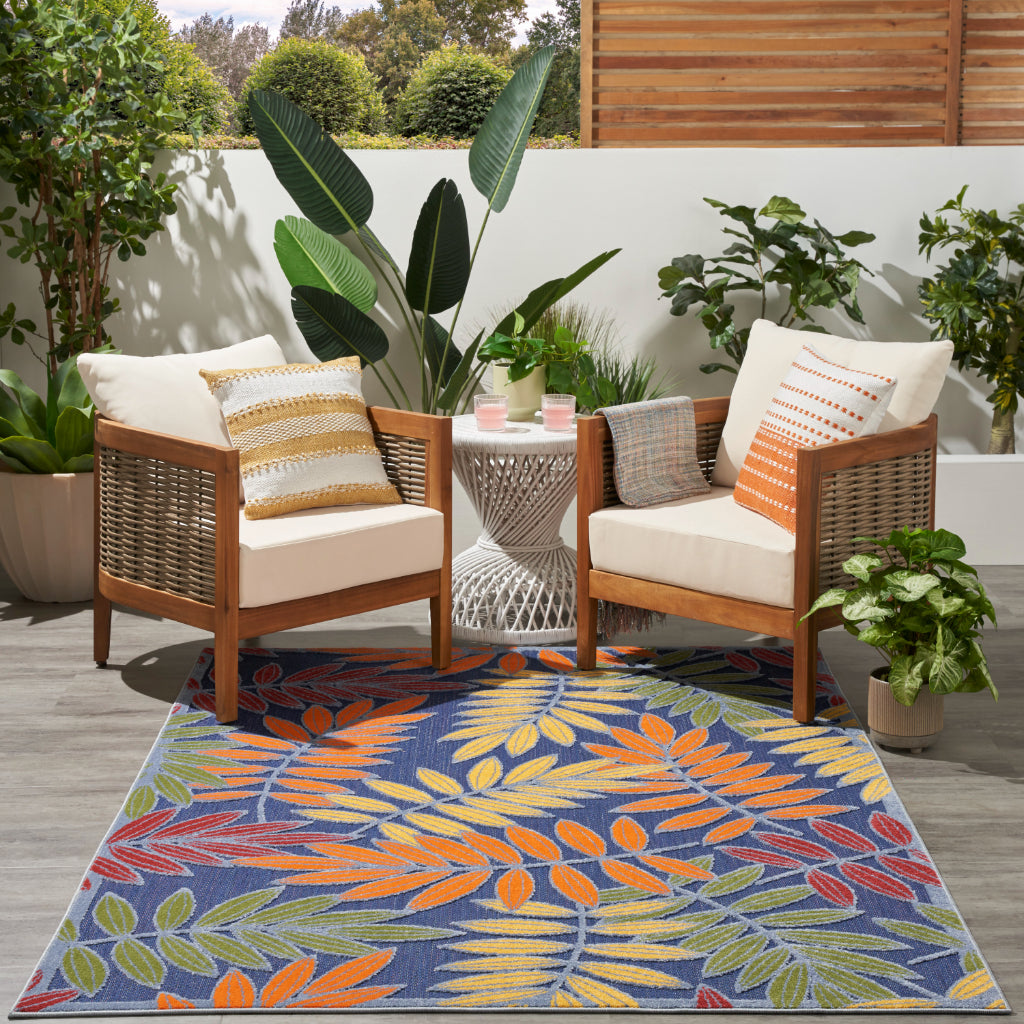 Nourison Home Aloha ALH18 Machine Made Multicolor Rectangle Area Rug - Stain Resistant Indoor & Outdoor Low Pile Floral Rug with Blue Background-