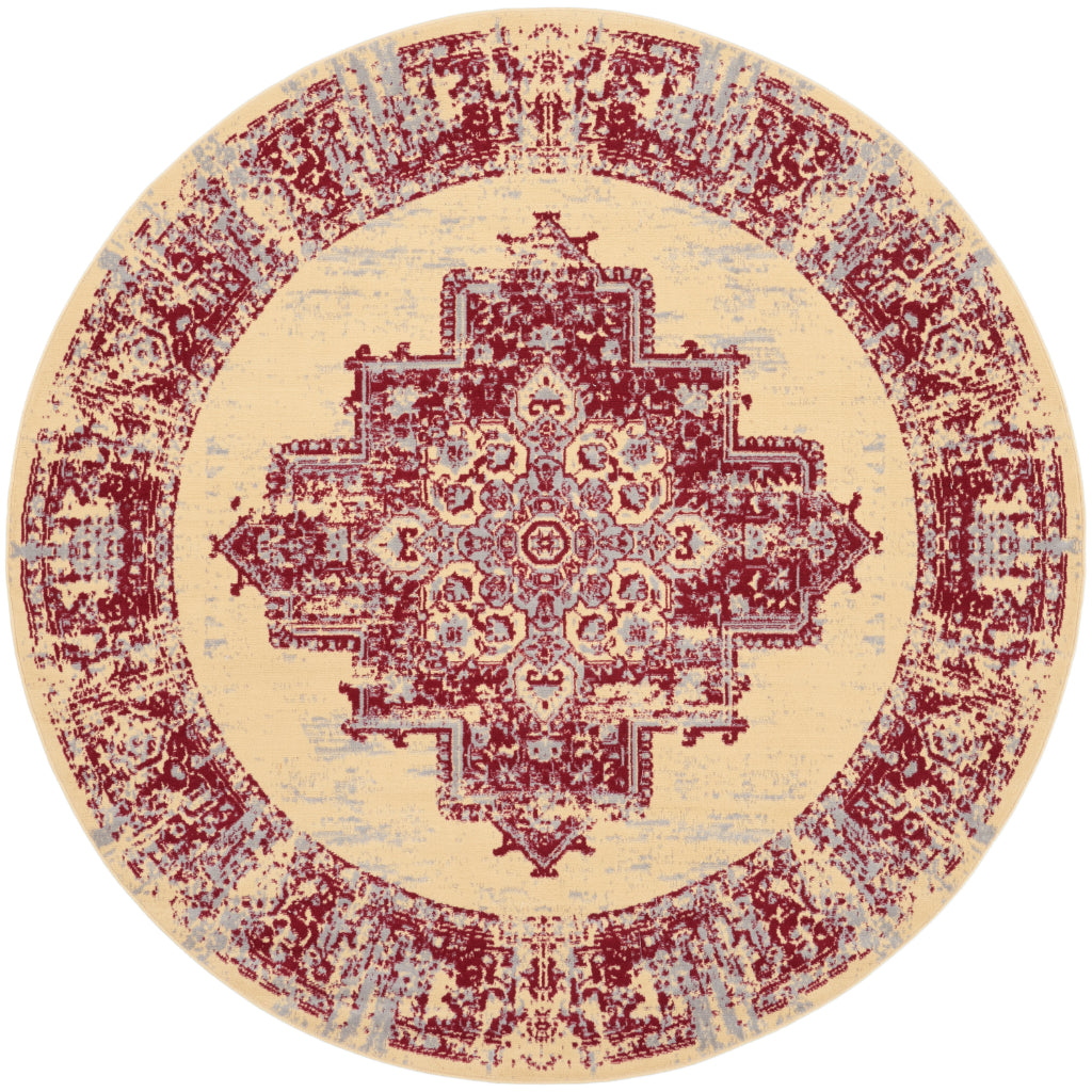 Nourison Home Grafix GRF14 Two-Color Indoor Round Area Rug - Vintage Style Power-Loomed Medium Pile Rug with Shades of Cream & Red-